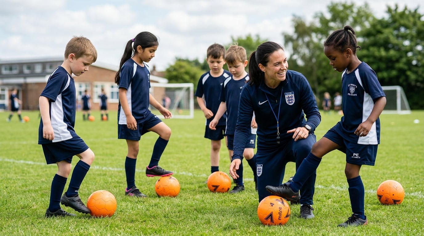 Professional sports coach working with primary school children on skills development