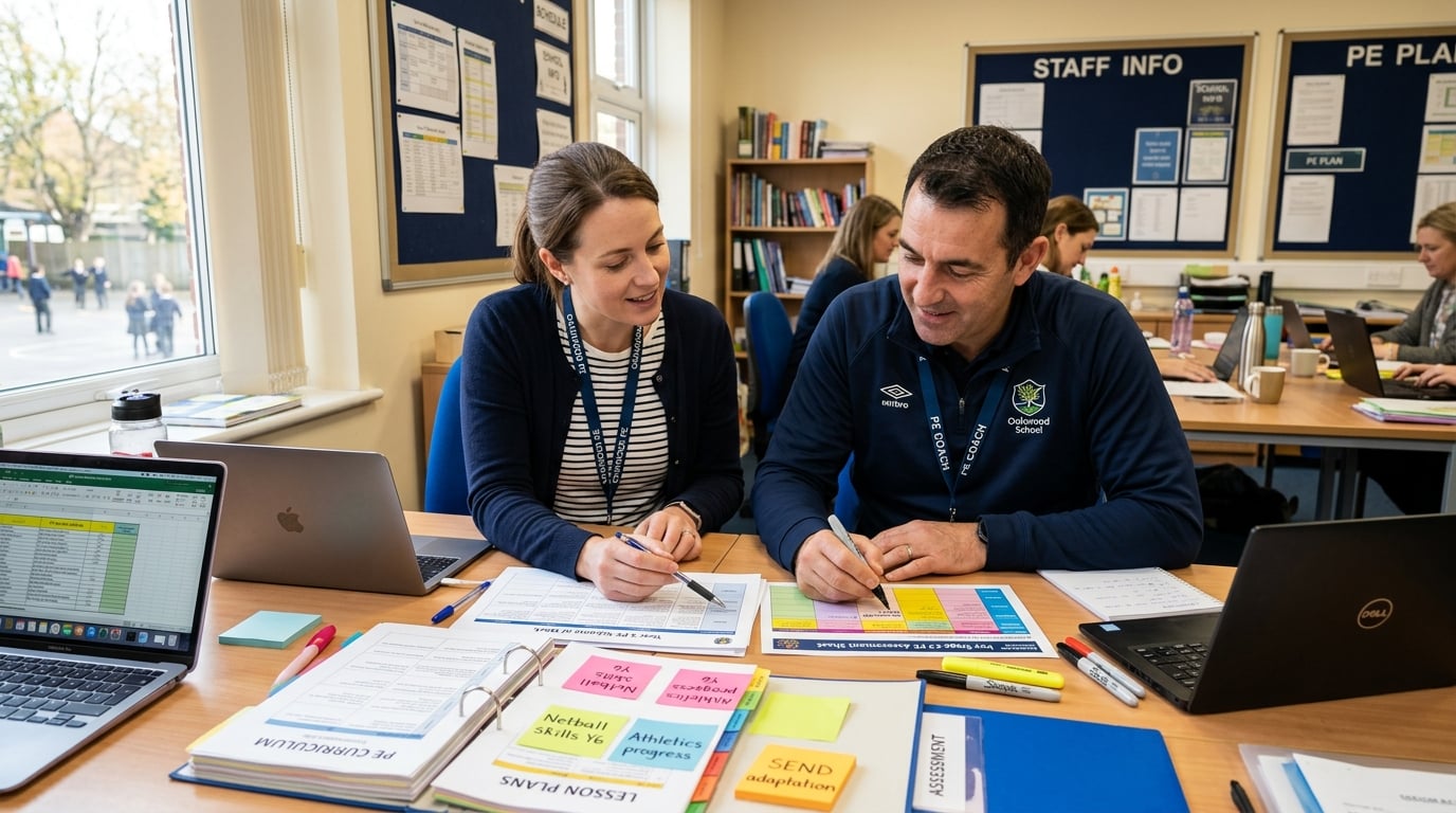 Coach and teacher collaborating on PE curriculum planning